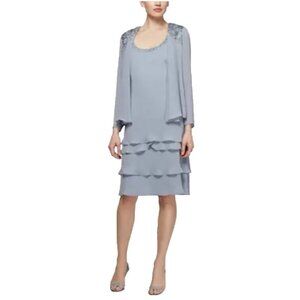 SLNY Jacket & Dress 18W Aloe Blue Ruffled Party Wedding Cruise Flowy NEW